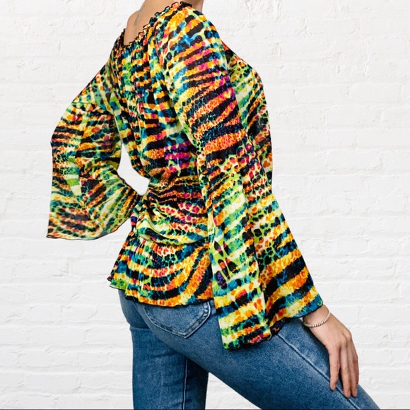 Mechant | Multicolor Lime Combo Animal Print Boat Neck Flare Bell Sleeve Blouse - Picture 3 of 8